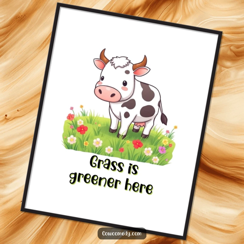 Funny poster art of a contented cow grazing peacefully in a vibrant meadow, evoking a sense of calm and rural beauty.