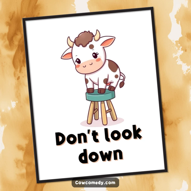 Funny poster art of a cute cow attempting to balance on a very small stool, with a comical expression of intense concentration and slight wobbling.