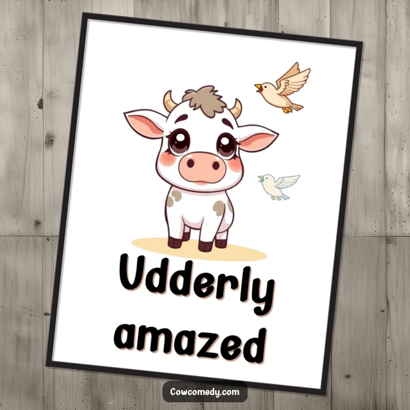 Funny cow poster featuring a cow with wide, shocked eyes looking up at a bird in flight, evoking humorous farmyard astonishment.