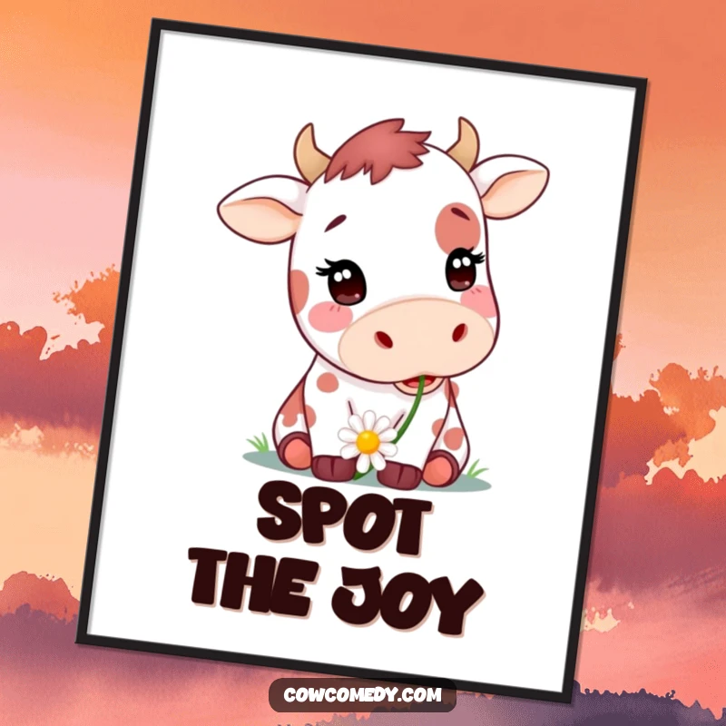 Funny poster print of a cute spotted cow happily chewing a daisy, adding charm and humor to any wall space, great gift.