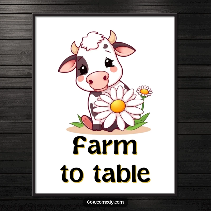 Funny poster print of a happy cow blissfully munching a large, stylized daisy. Whimsical wall decor and humorous farm animal art.