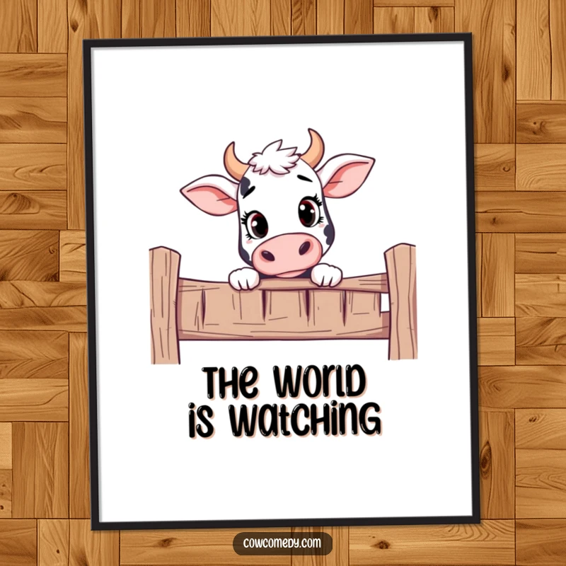 Funny poster of a curious cow peeking over a fence with an interrogative and gentle expression.