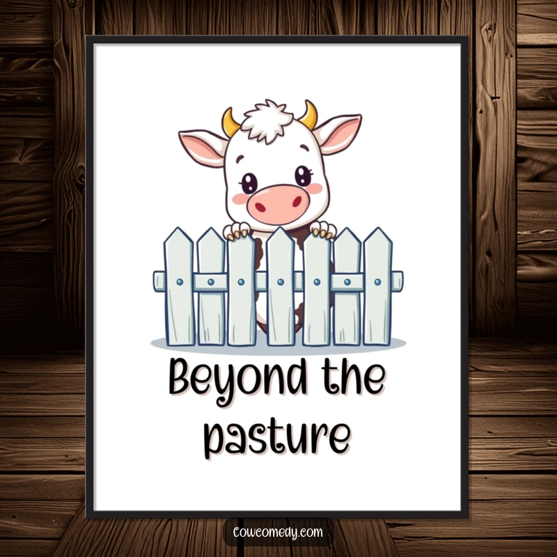 Funny cow poster print of a curious cow peeking over a picket fence, adding a touch of humor to wall art.