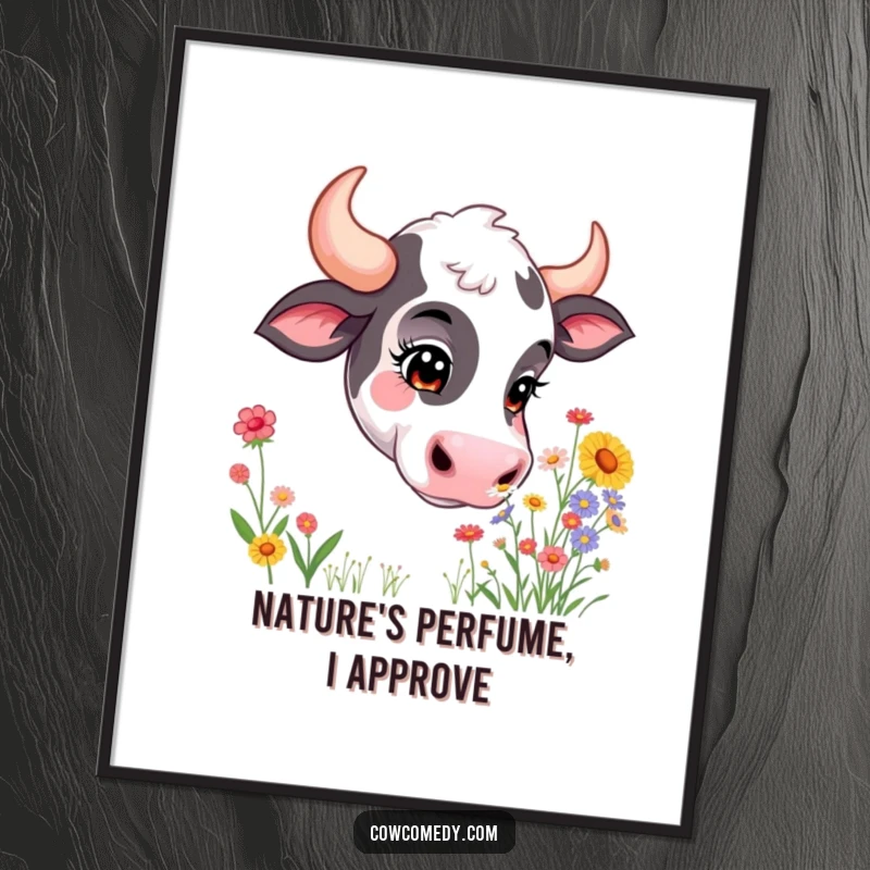 Funny poster artwork of a curious cow with a soft expression, head tilted as it sniffs a large, lush bouquet of diverse wildflowers.