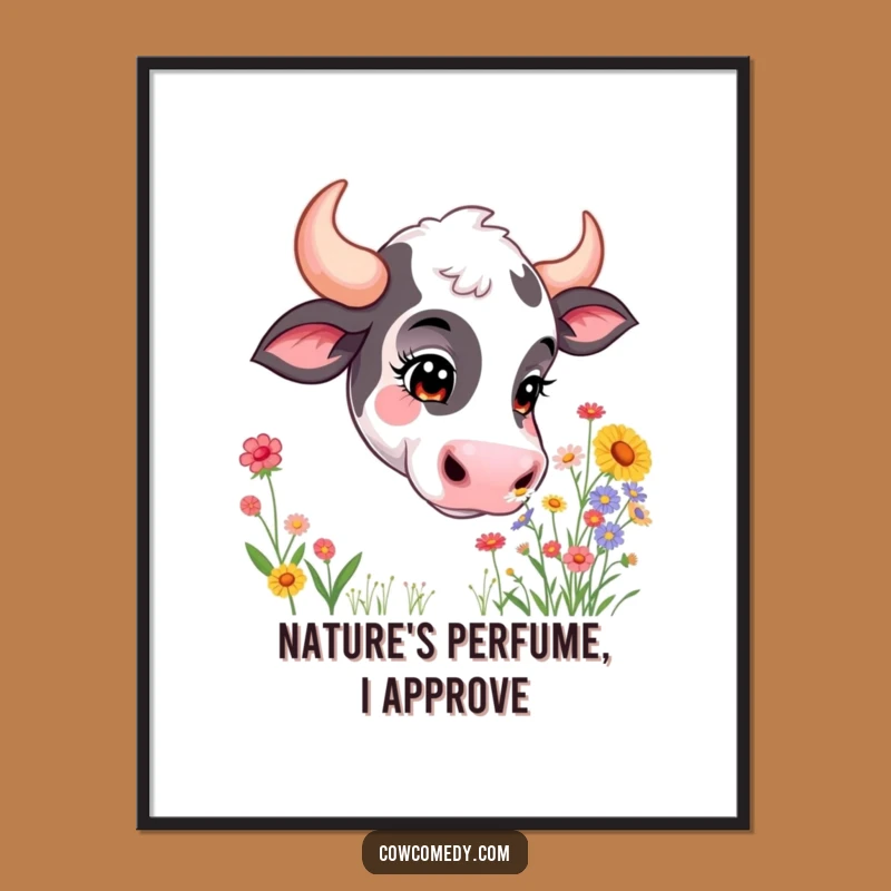 Funny Curious Cow Poster: Wildflower Sniffing Art, Unique Funny Gift Decor