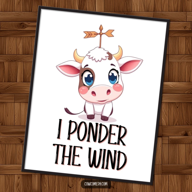 Funny kawaii cow with big, curious eyes, looking at a spinning weather vane, presented as a vibrant wall art poster.