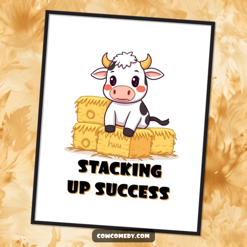 Funny Poster of a determined cow skillfully balancing a massive stack of hay bales, embodying effort and humorous inspiration.
