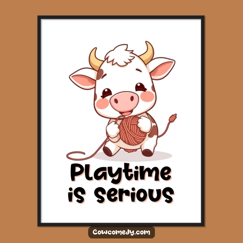 Funny Excited Cow Yarn Ball Poster: Playful Farm Art Gift