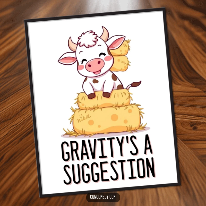 Funny poster art of a cow with its head thrown back in a giggle, precariously balancing a towering stack of golden hay bales.