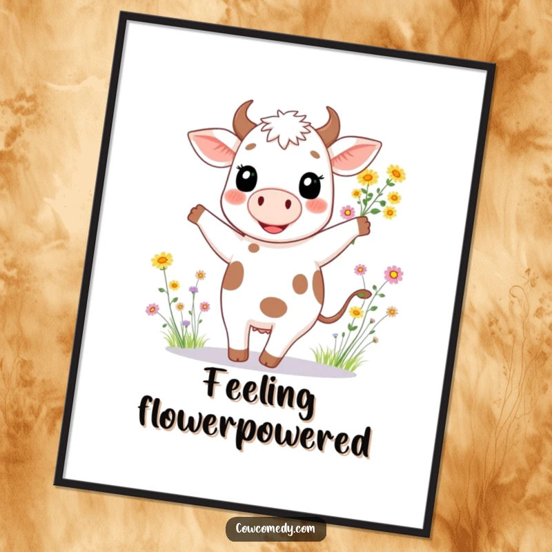 Funny poster of a smiling cow dancing gracefully, holding a beautiful arrangement of diverse wildflowers.