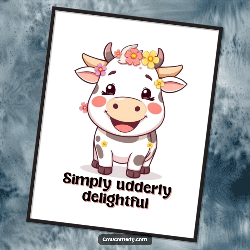 Funny happy cow poster with a wide smile and flowers in its fur, bringing cheerful farm vibes to any room.