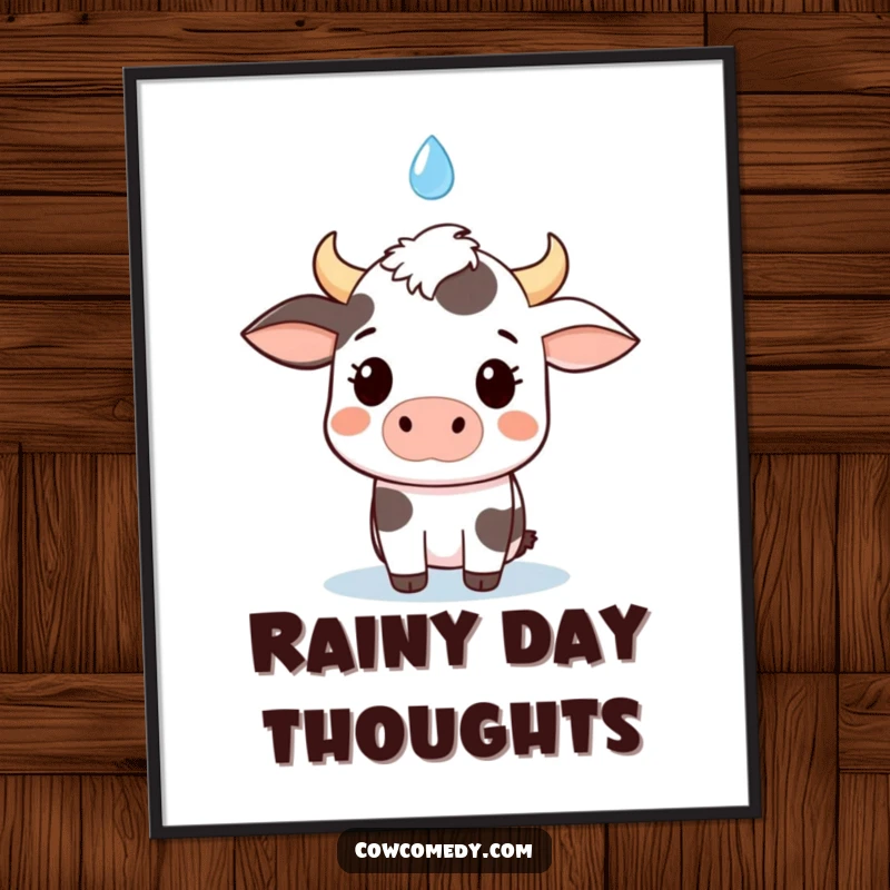 Funny kawaii cow poster, hilariously surprised expression as a raindrop falls, capturing a cute and comical reaction.