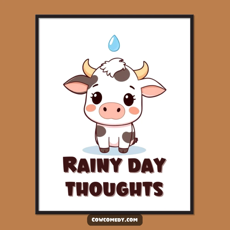 Funny kawaii cow art print, a perfect gift for any room, depicting a surprised cow and a raindrop.