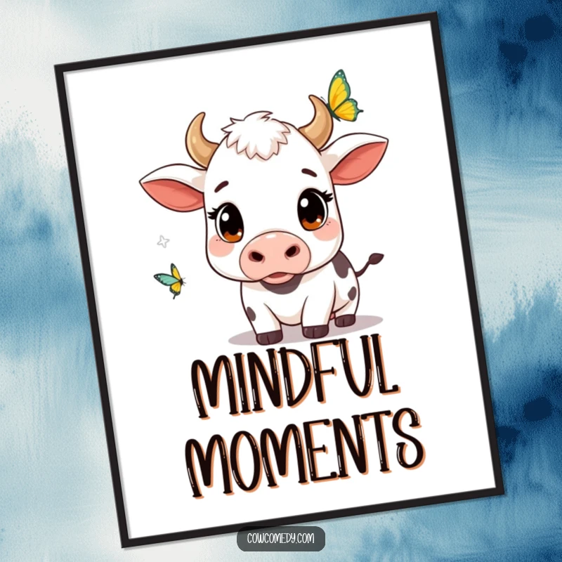 Funny kawaii cow poster featuring wide-eyed curiosity as a cow watches a fluttering butterfly, adding a touch of nature's magic.
