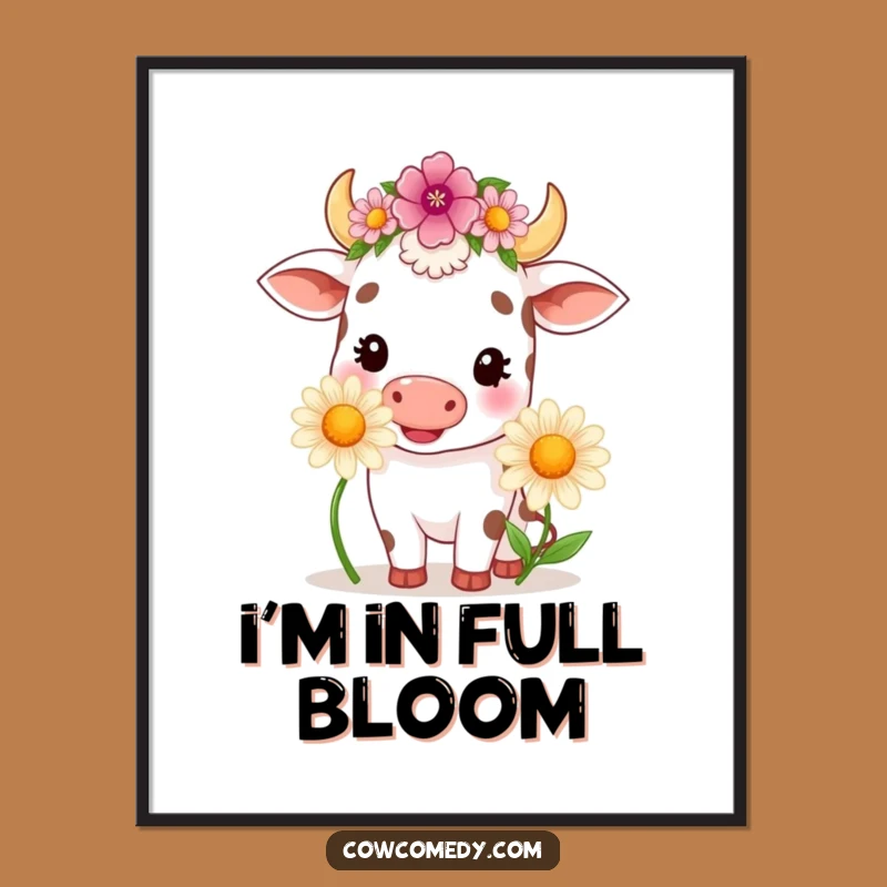 Funny Kawaii Cow Daisy Poster - Charming Floral Art Print Gift