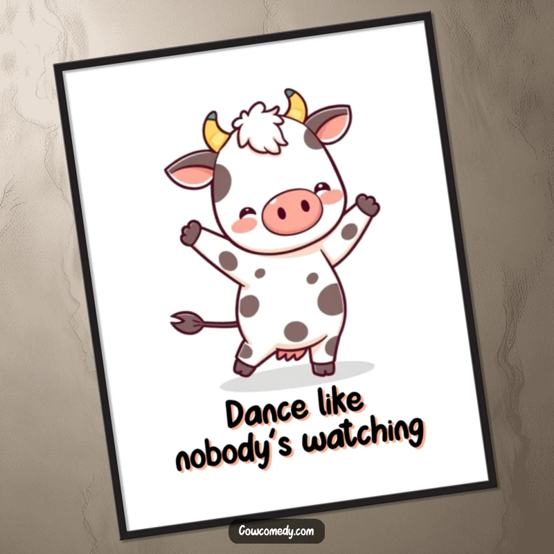 Funny Kawaii Cow Dance Poster: a spotted character in mid-dance, exuding pure happiness and whimsical charm for wall decor.