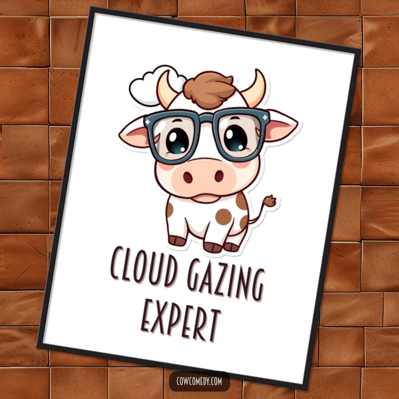 Funny Kawaii Cow Poster: A cow with oversized glasses thoughtfully gazes at a cloud, whimsical and funny wall art.