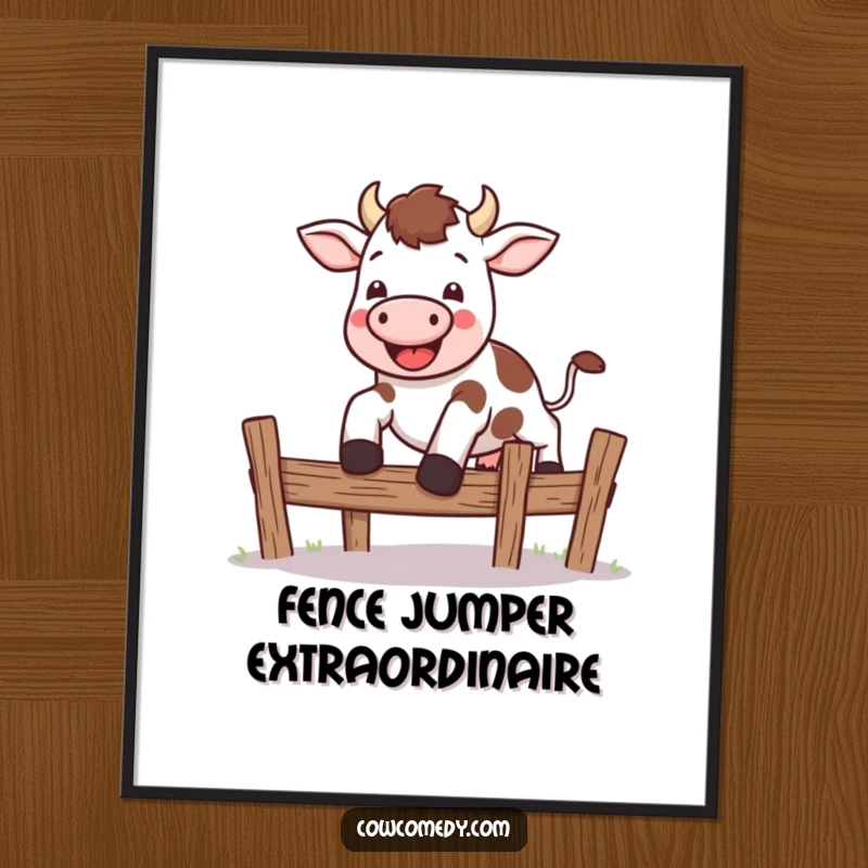 Funny kawaii cow poster print of a cute cow leaping enthusiastically over a small, stylized fence, evoking joy and movement.