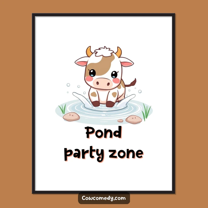 Funny Kawaii Cow Pond Splash Poster - Playful Art, Charming Funny Gift!