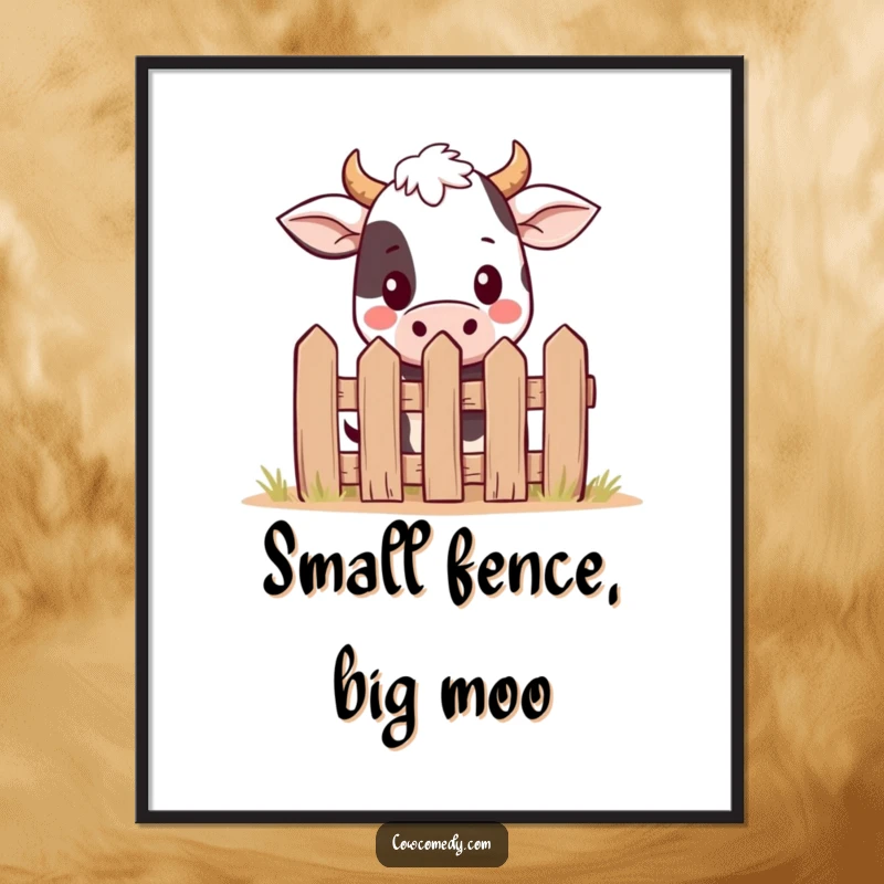 Funny kawaii cow poster print of a cute cow peeking over a small, cartoon fence, bringing whimsical charm to any room.