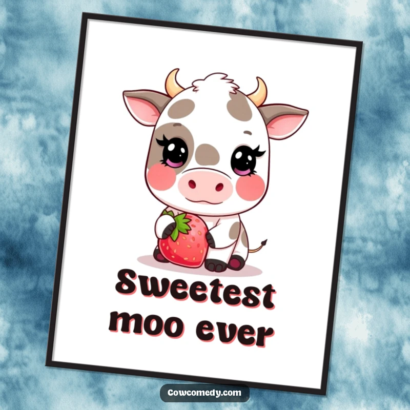 Funny kawaii cow poster print of a cute cow with exaggerated blush offering a giant strawberry, radiating sweetness and charm.