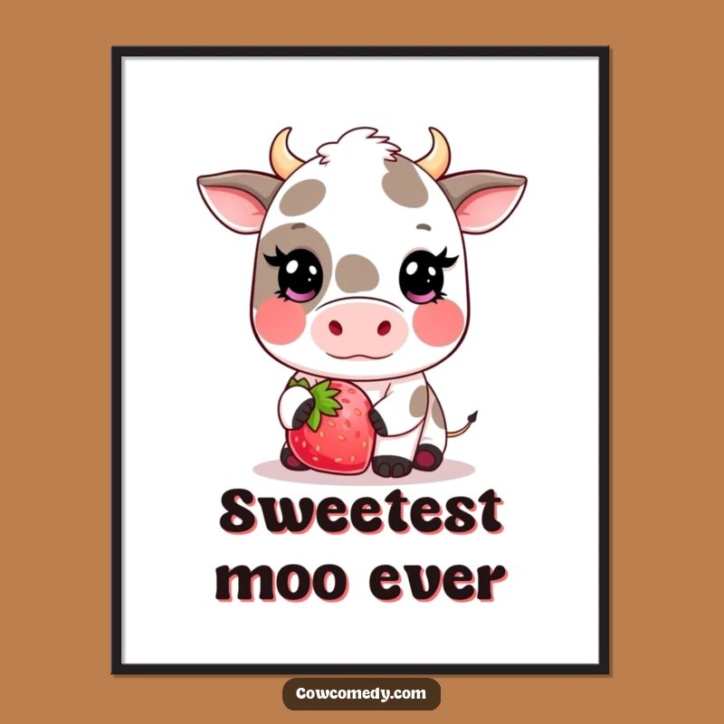 Funny Kawaii Cow Strawberry Poster - Sweet Blushing Farm Art Gift