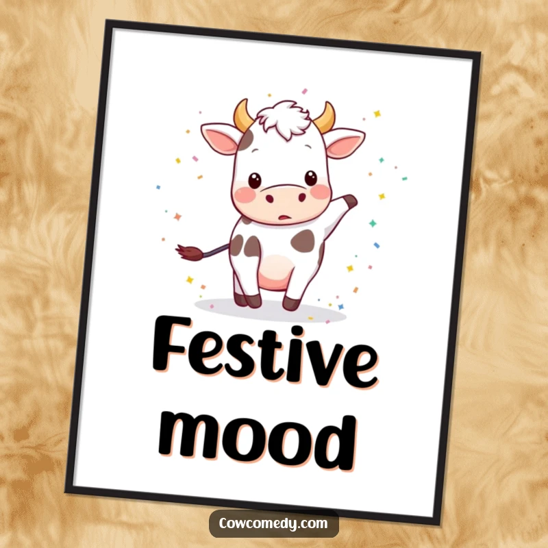 Funny poster of a playful cow kicking up a dazzling cloud of multi-colored confetti.