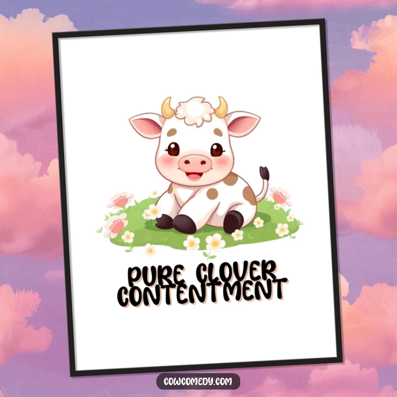 Funny poster art depicting a minuscule cow with a look of pure bliss, rolling freely in a vast, soft field of lush clover.