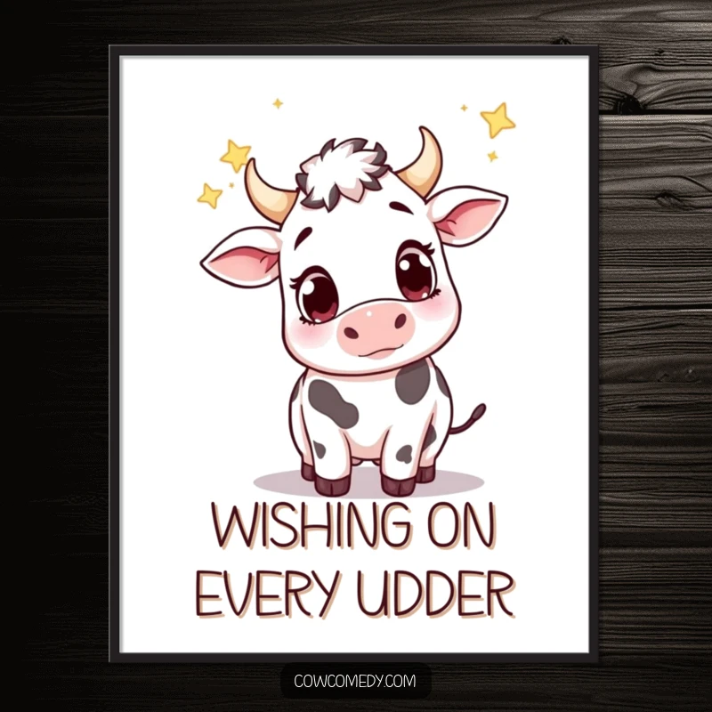 Funny poster featuring a cute cow with huge, wondering eyes, reaching for twinkling stars falling in a dreamy night sky.