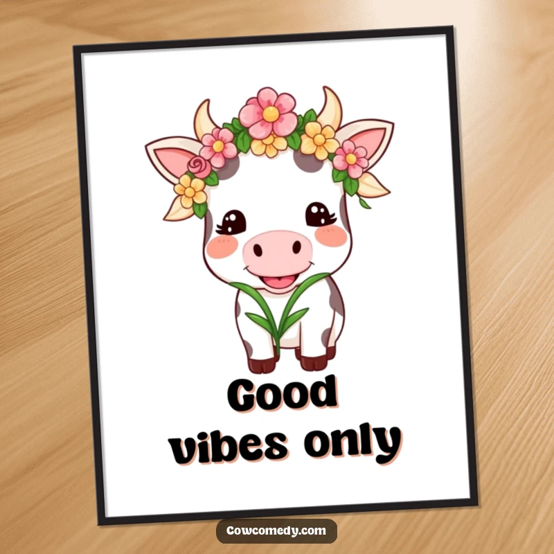 Funny Kawaii Cow Poster: A smiling cow wearing a flower garland happily chews grass, a delightful piece of funny art.