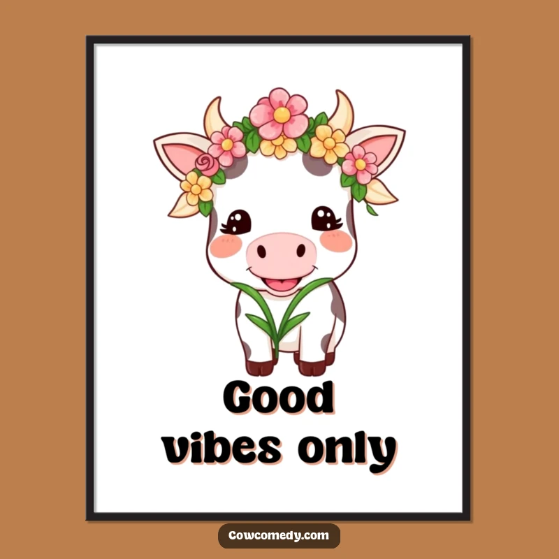 Funny Kawaii Cow Garland Poster: Adorable Smiling Chewing Grass Cow Art Gift!