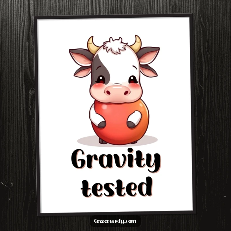 Funny poster print of a cow playfully nudging a large, round apple that is rolling. Whimsical wall decor and humorous farm animal art.