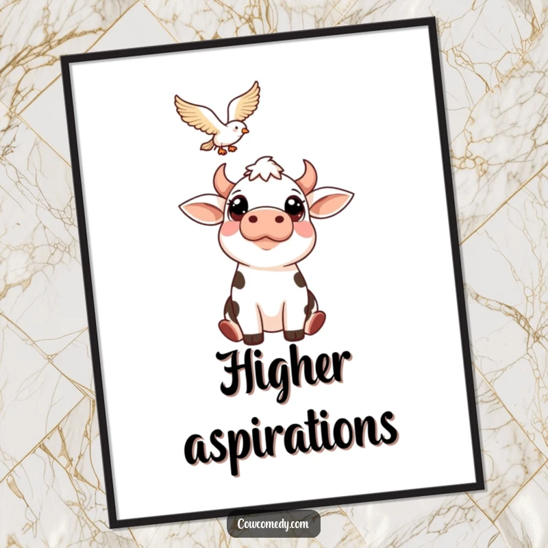 Funny poster print of a cow with big, friendly eyes gazing upwards at a soaring bird. Whimsical wall decor and humorous nature art.