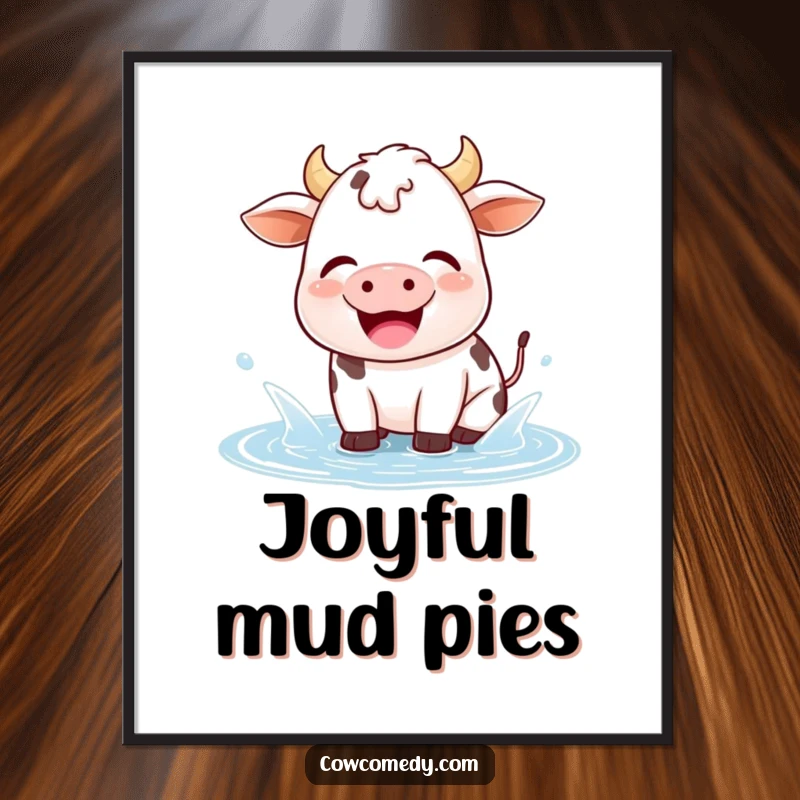 Funny kawaii cow poster of a happy cow joyfully splashing in a small puddle, radiating pure happiness and playful charm.