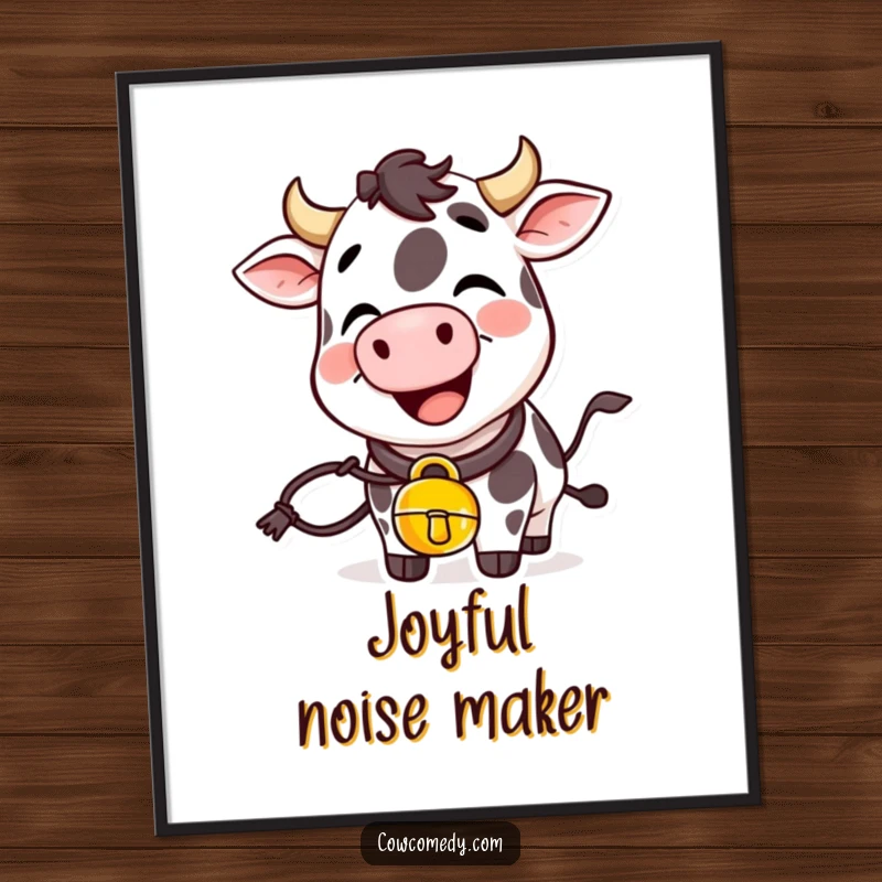 Funny giggling cow poster with a cowbell around its neck, ringing joyfully, bringing a festive atmosphere.