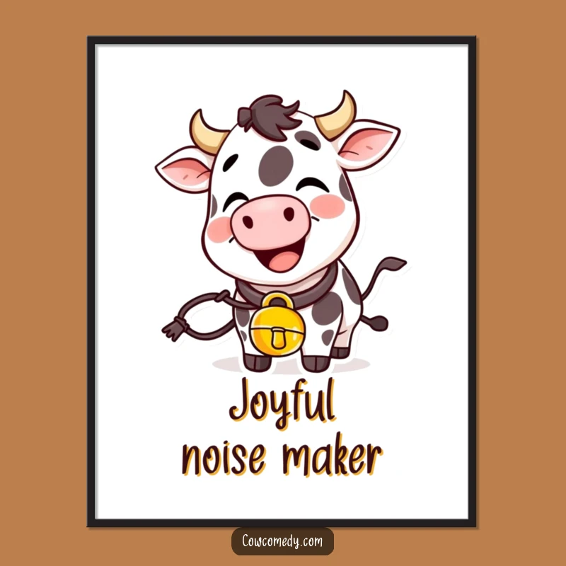 Funny Giggling Cow Poster With Cowbell Joyful Art Funny Gift