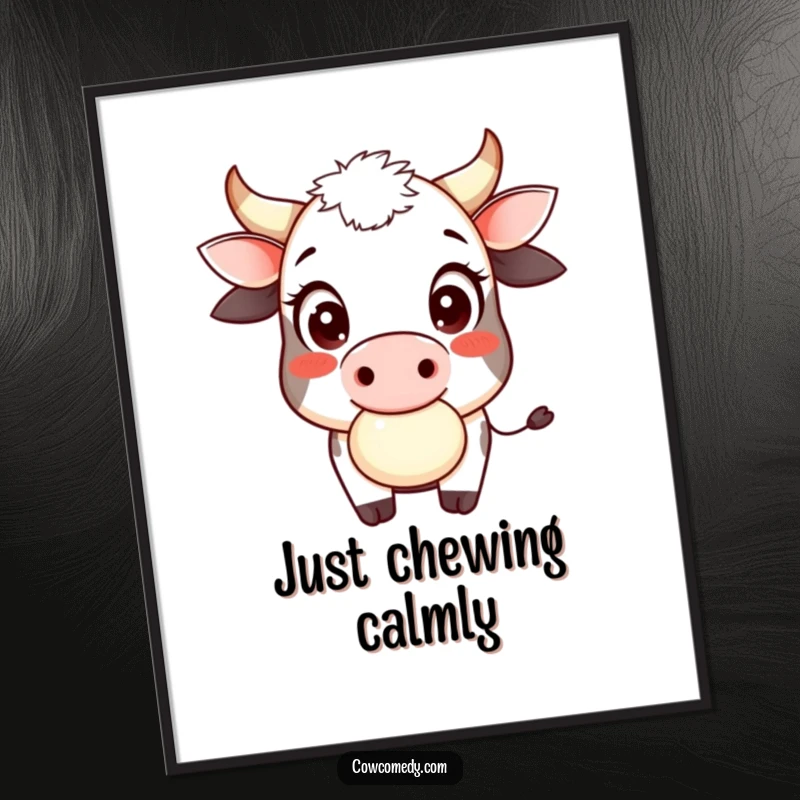Funny cow cud chewer poster showing a smiling cow with large innocent eyes playfully chewing cud, exuding gentle and humorous farm vibes.