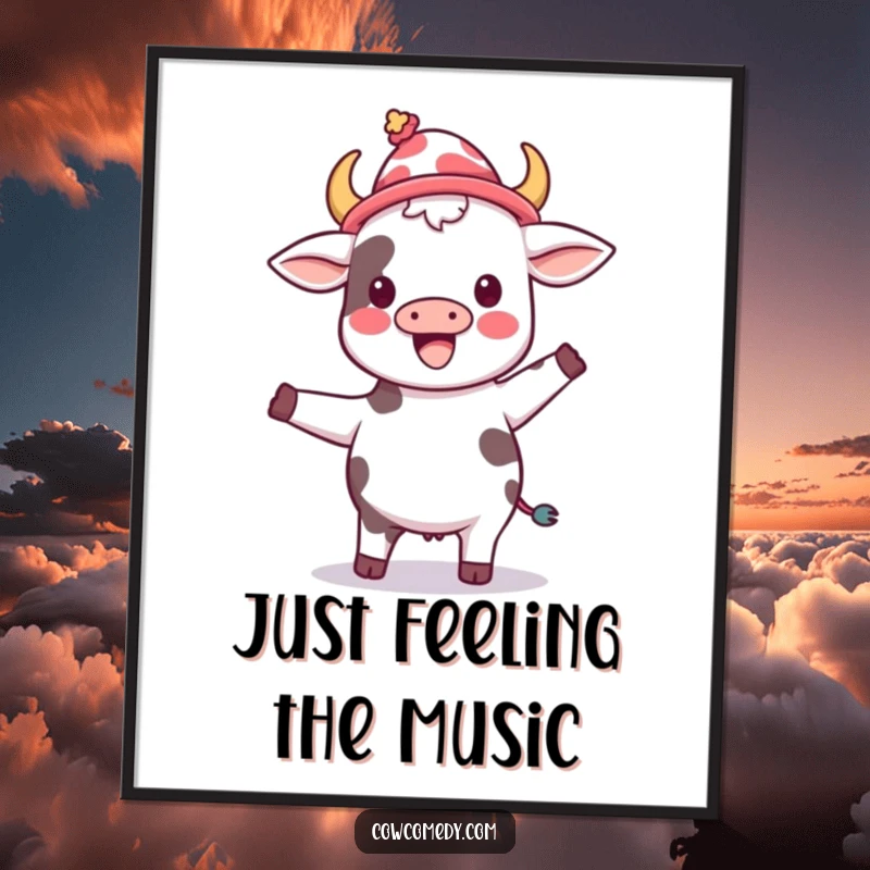 Funny kawaii cow wearing a silly hat, joyfully dancing, presented as a vibrant wall art poster, full of uninhibited glee.
