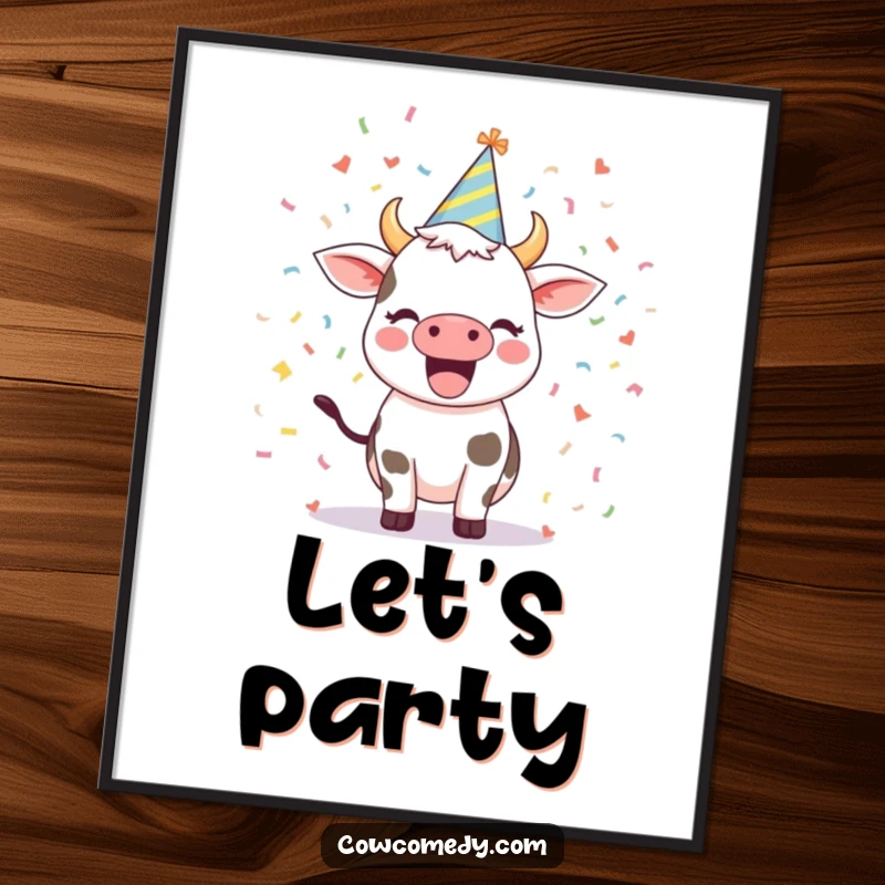 Funny poster featuring an excited cow wearing a party hat surrounded by confetti, an artistic and humorous celebration decoration.
