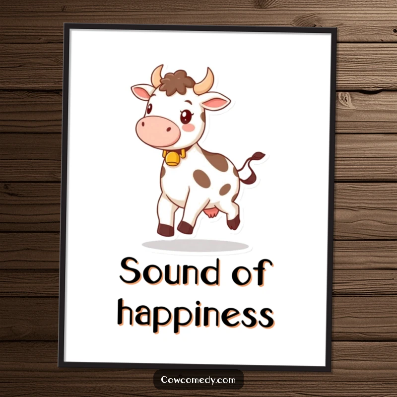 Funny poster art of a happy cow wearing a bell, skipping gleefully through a meadow, conveying a sense of pure, infectious happiness.