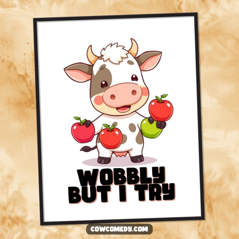 Funny kawaii cow wobbly juggling three colorful apples, presented as a vibrant wall art poster, capturing a moment of pure comedy.