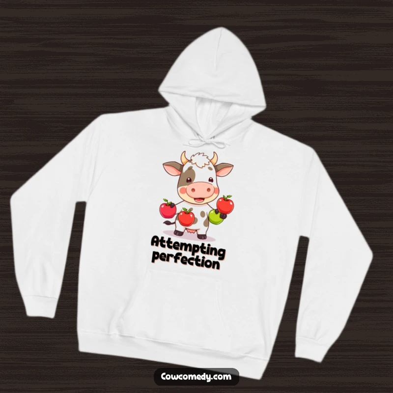 Funny kawaii cow wobbly juggling three colorful apples, depicted on a warm, comfortable hoodie, radiating comic struggle.