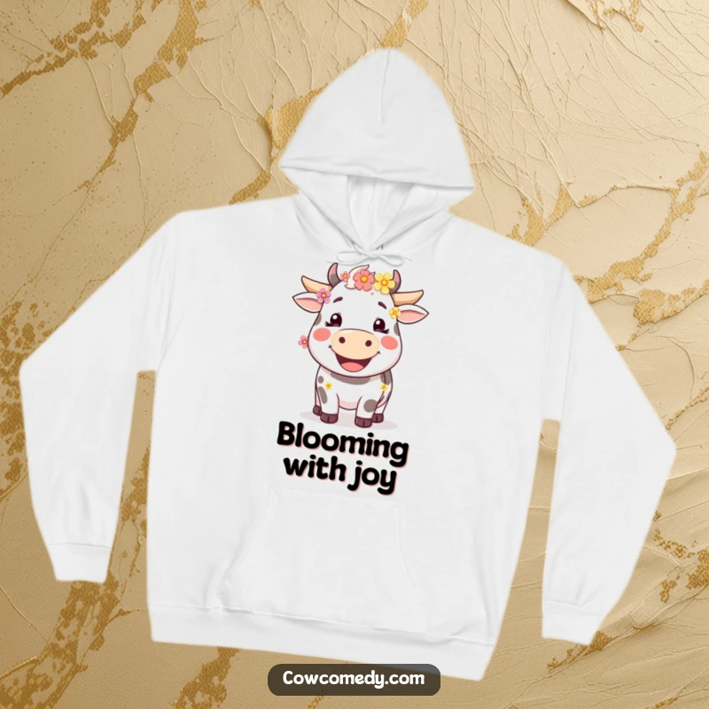 Funny cozy cow hoodie featuring a wide smile and flowers in its fur, offering warmth and laughter for all.