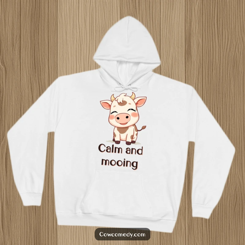Funny hoodie featuring a serene cow with eyes closed, enjoying a gentle breeze, offering warmth and humor, a thoughtful gift.