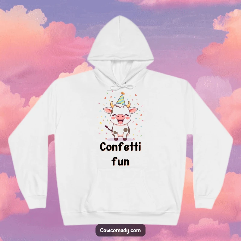 Funny hoodie featuring an excited cow sporting a party hat amidst a flurry of confetti, cozy and festive apparel.