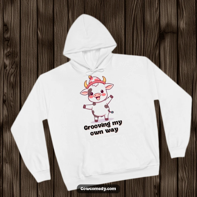 Funny kawaii cow wearing a silly hat, joyfully dancing, depicted on a warm, comfortable hoodie, radiating festive energy.