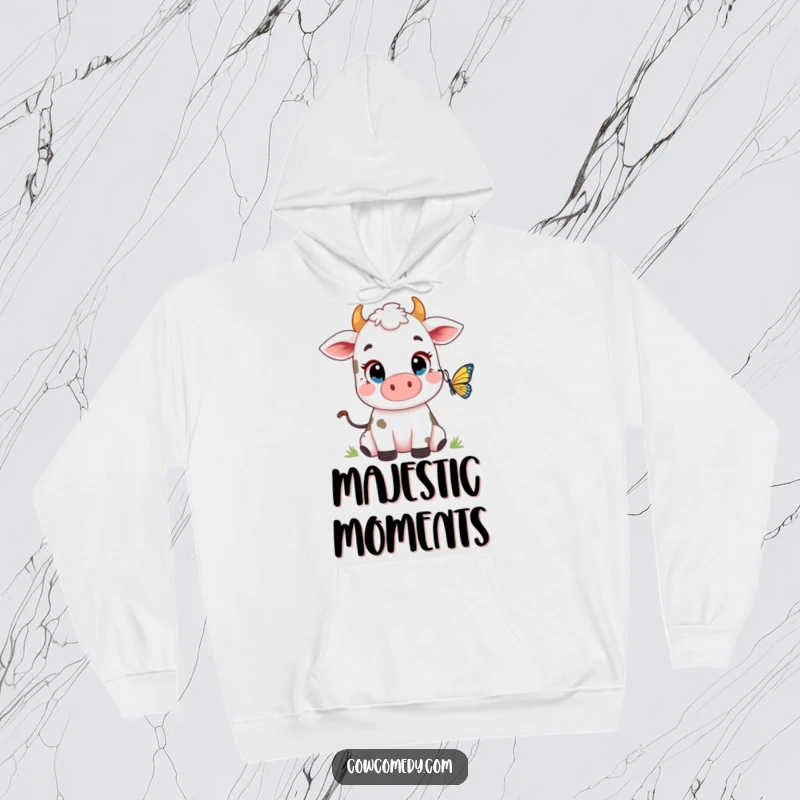 Funny Cow Butterfly Hoodie: a cute cow with large eyes captivated by a fluttering butterfly, offering warmth and whimsical charm.