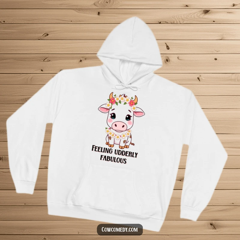Funny Hoodie with a gently looking cow adorned in a beautiful flower garland, offering cozy comfort and sweet farm style.