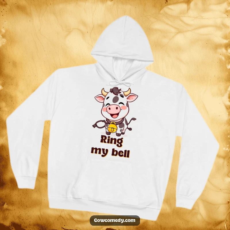 Funny giggling cow hoodie with a cowbell around its neck, designed for ultimate comfort and cheerful vibes.
