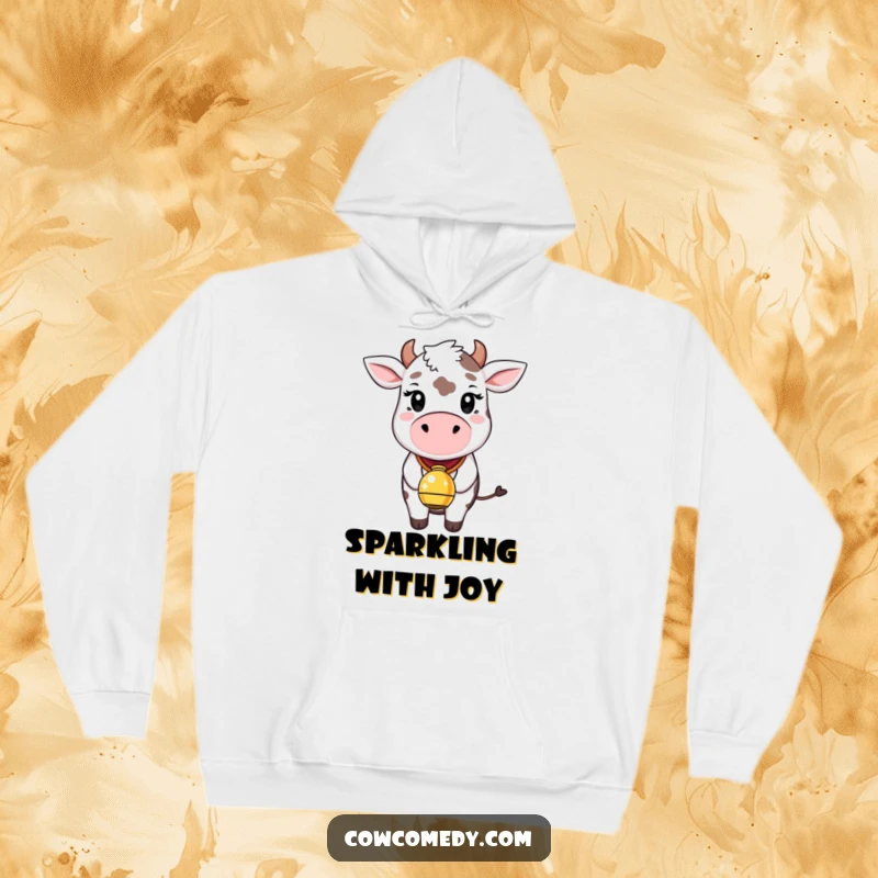 Funny hoodie design of a whimsical cow with a happy grin, wearing a bell that radiates sparkling light and joy.